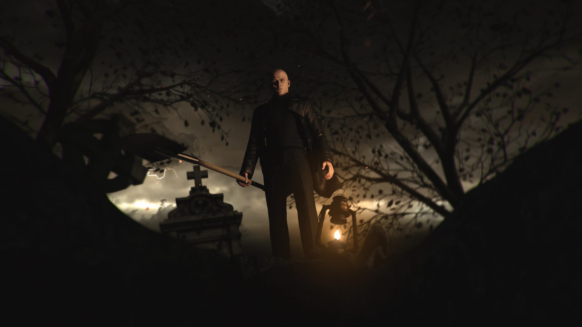 Agent 47 in a graveyard, with the camera looking up at him from inside a grave.