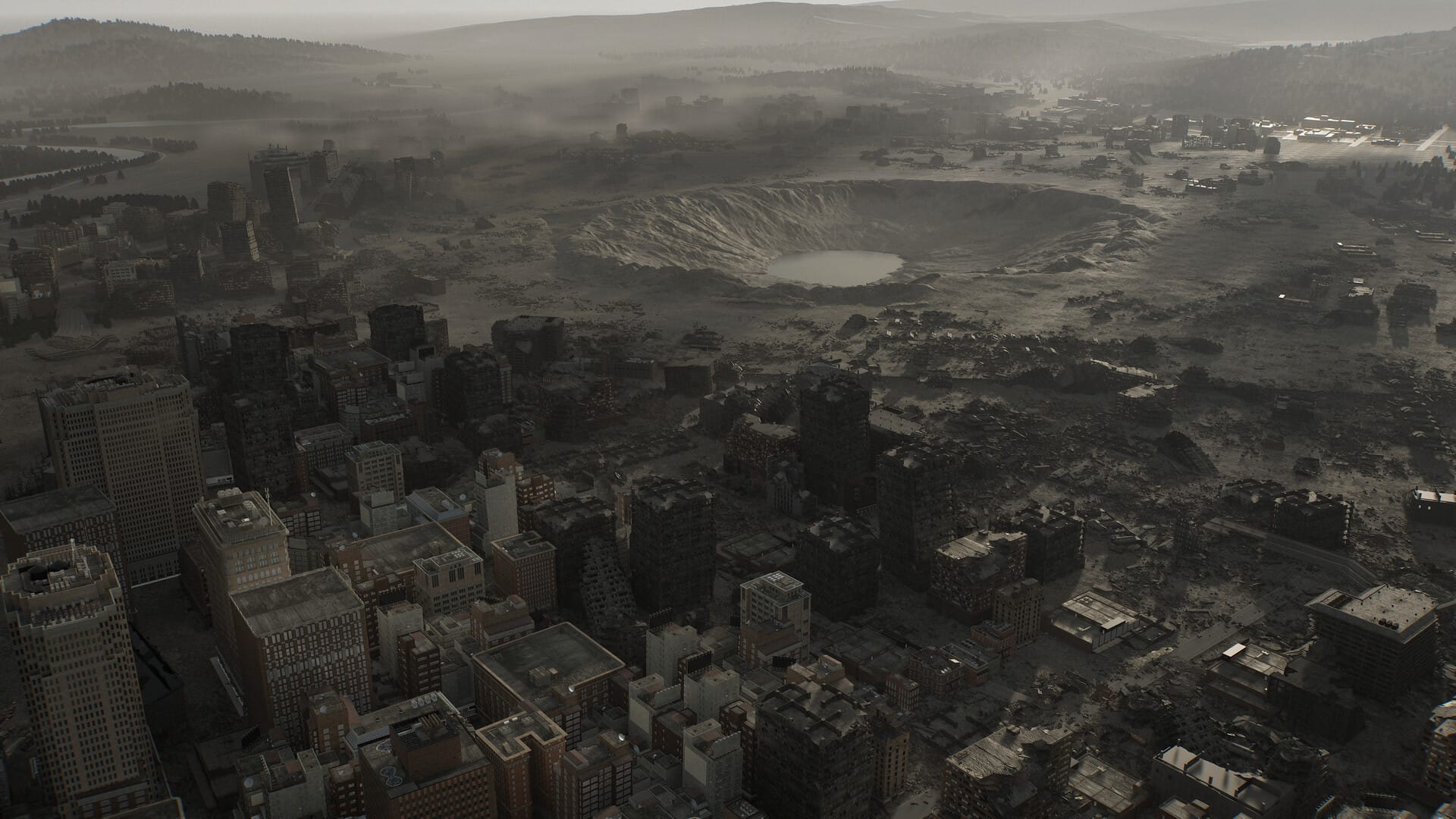 A ruined city with a giant crater.