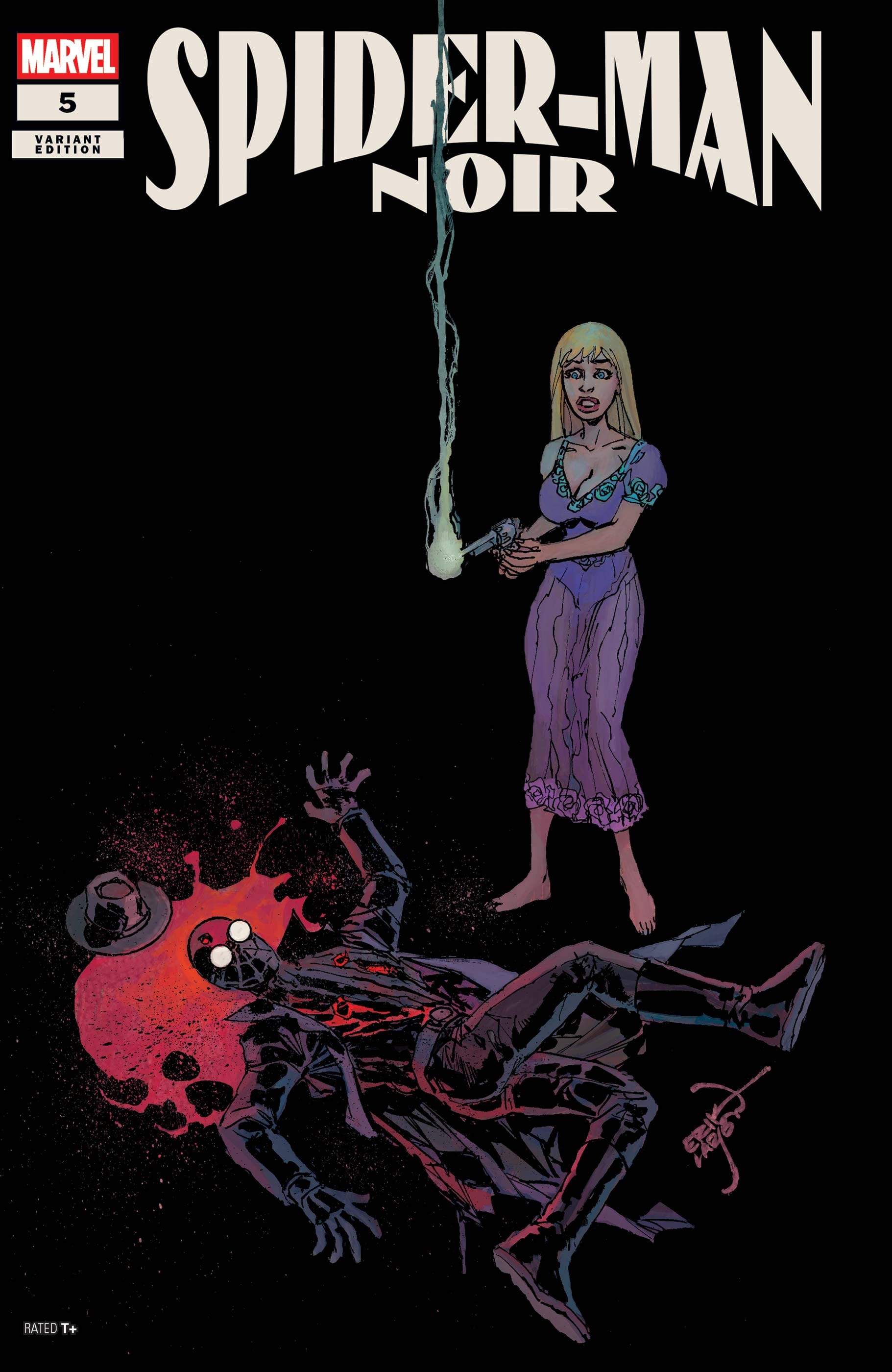 Gwen Stacy stands over a slain Spider-Man on this variant cover of Spider-Man Noir (2025) #5, foreshadowing the events of the issue 