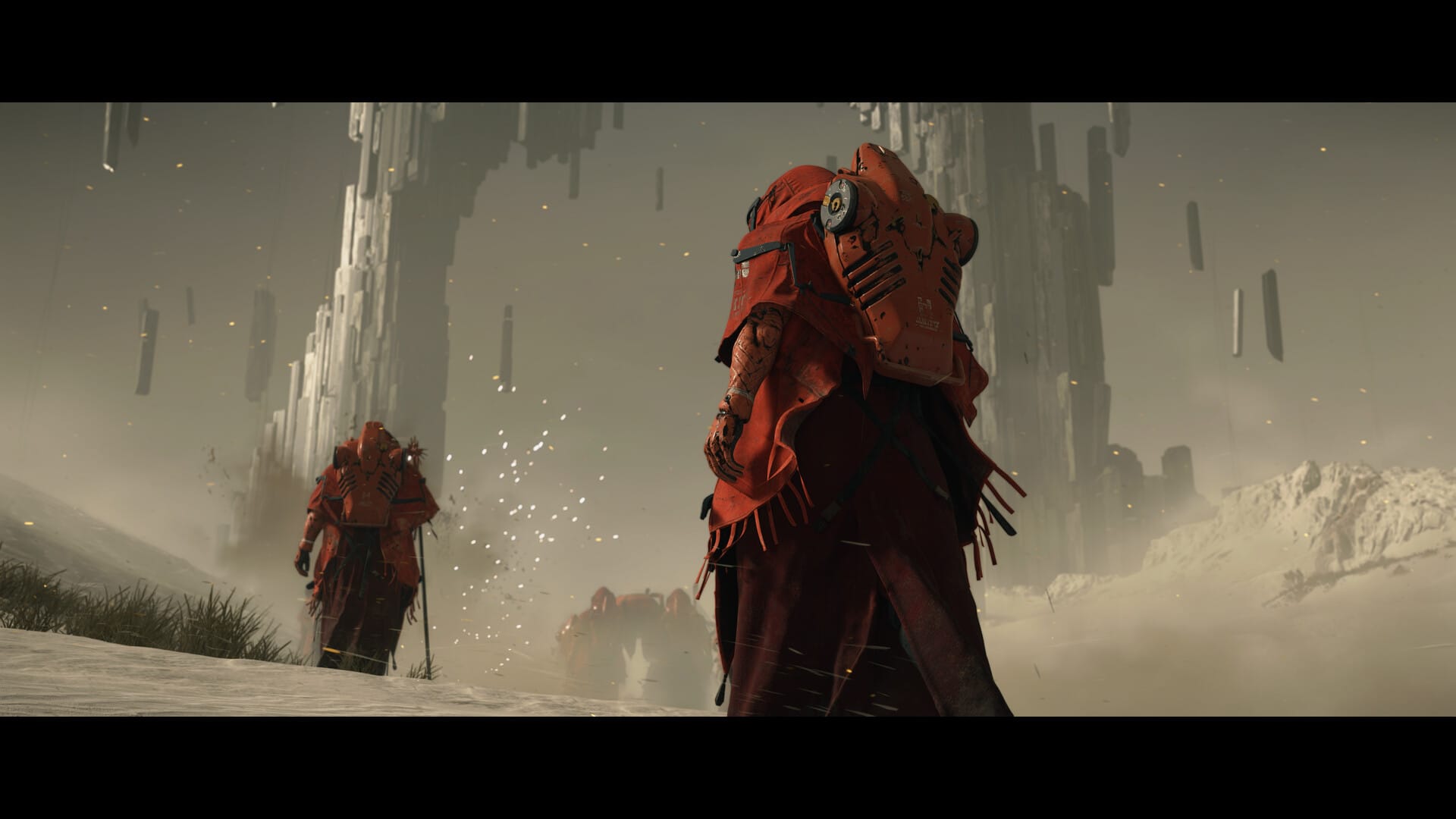 Red figures march towards a strange horizon.