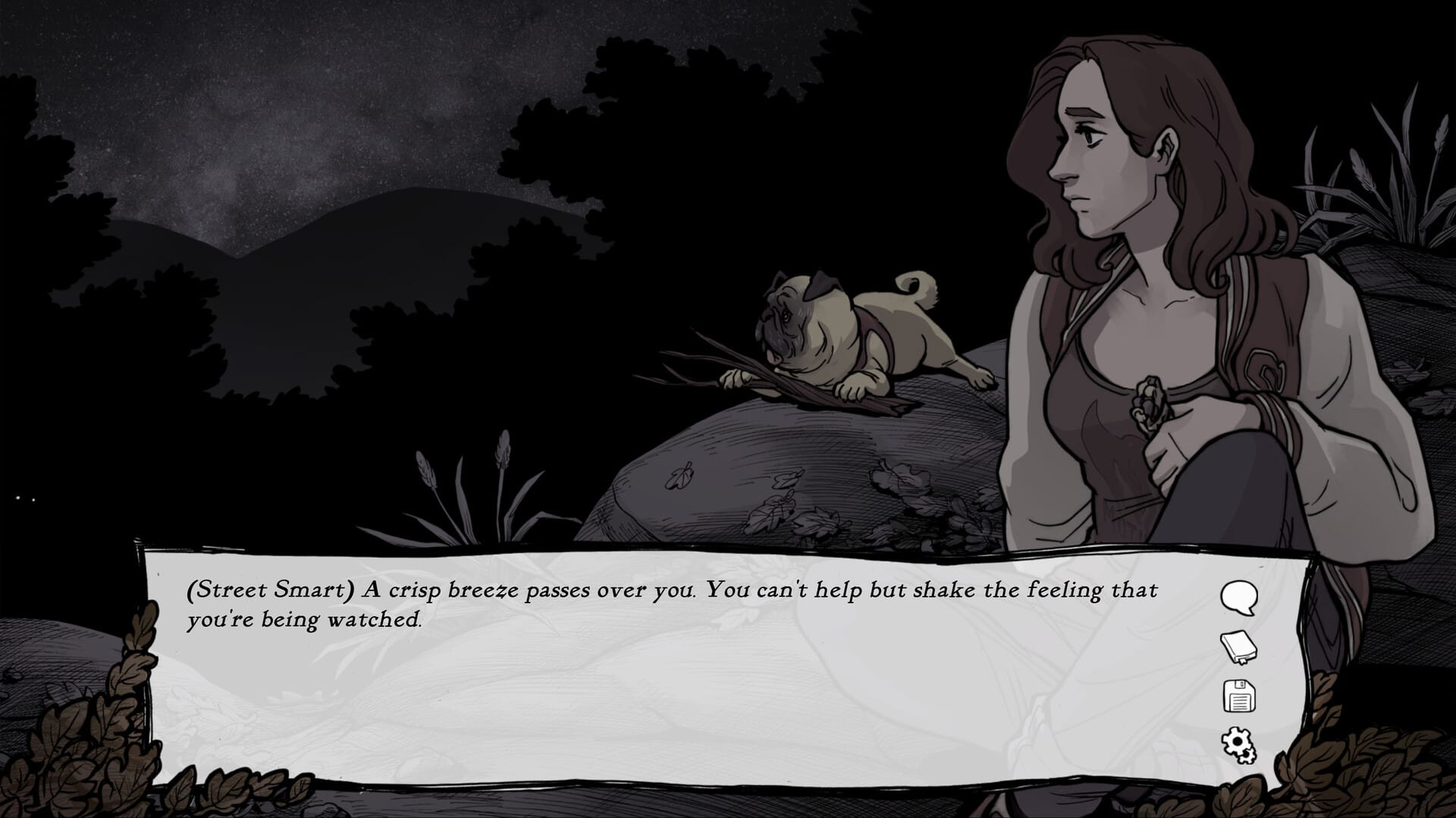 A woman sits near a rock where a pug is laying.