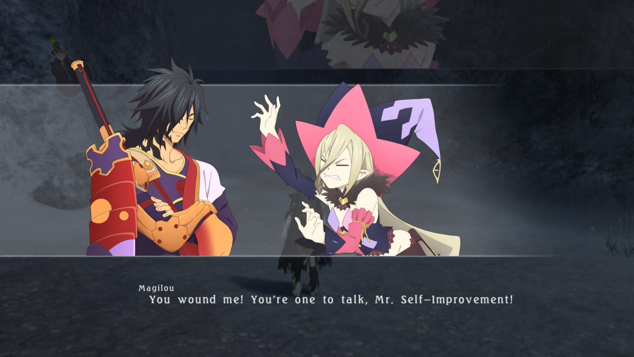 Rokuro and Magilou in a skit, with Magilou saying "You wound me! You're one to talk, Mr. Self-Improvement!"