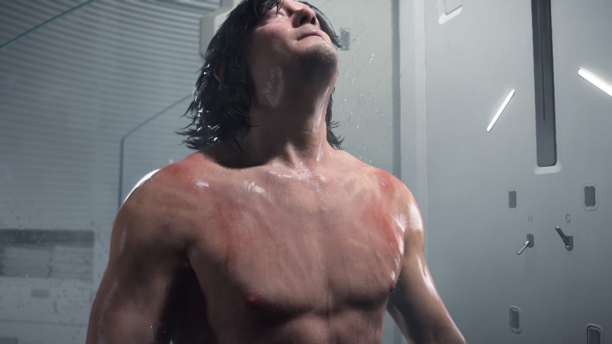 Sam taking a shower.