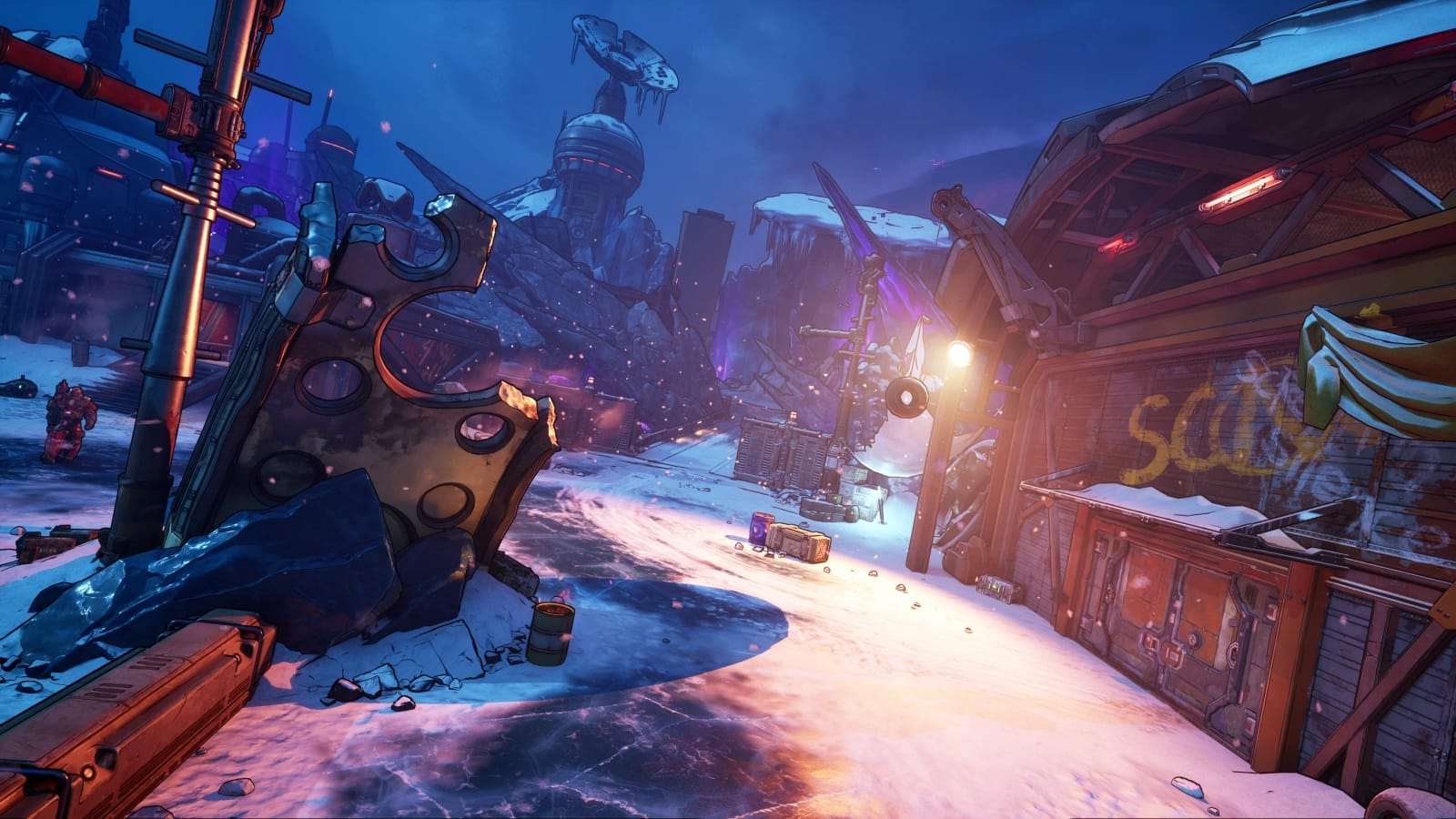 A snow covered environment in Borderlands 4.