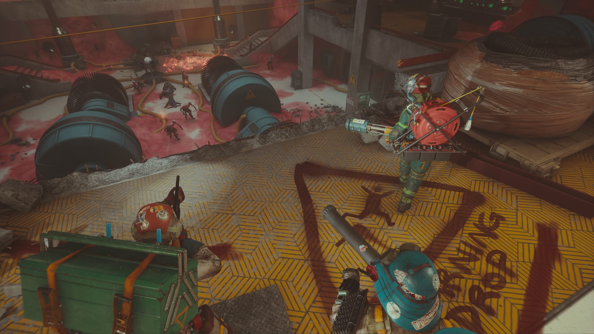 Three players get ready to face a mob of enemies. 