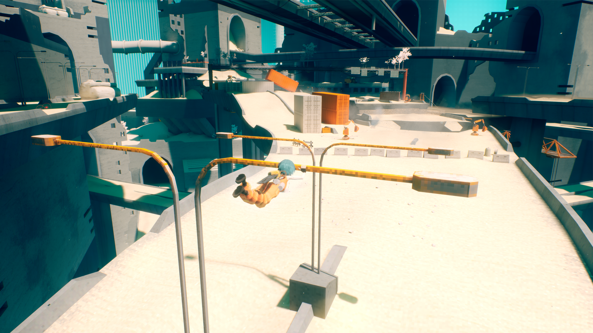 Swinging on a light pole.