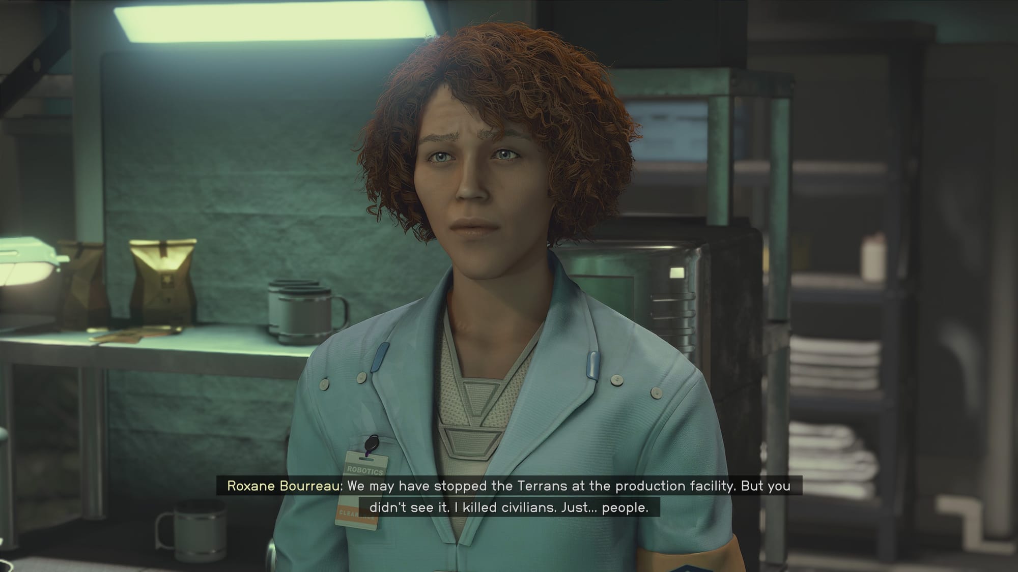 Roxane having a crisis about accidentally killing innocents to escape the Armada.