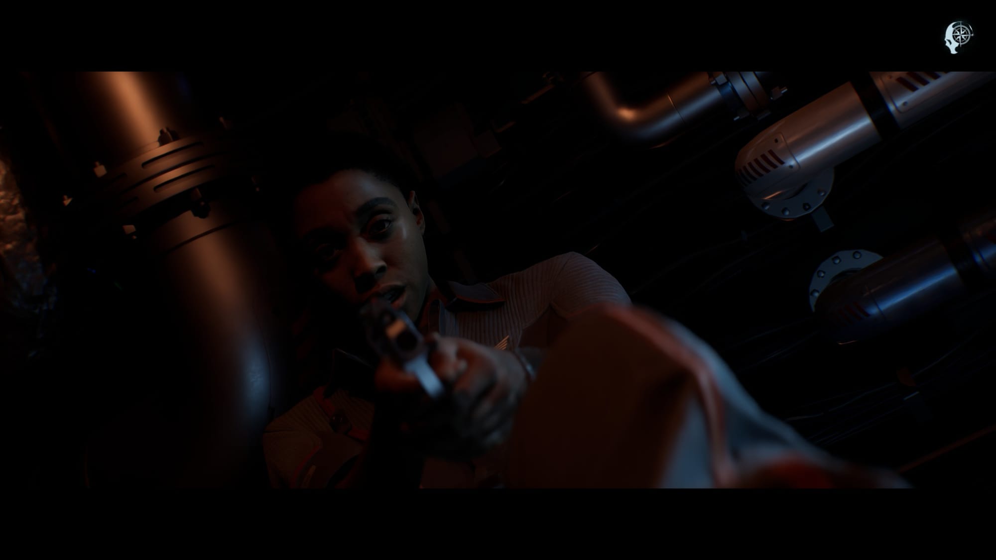 A character pointing a gun at the camera.