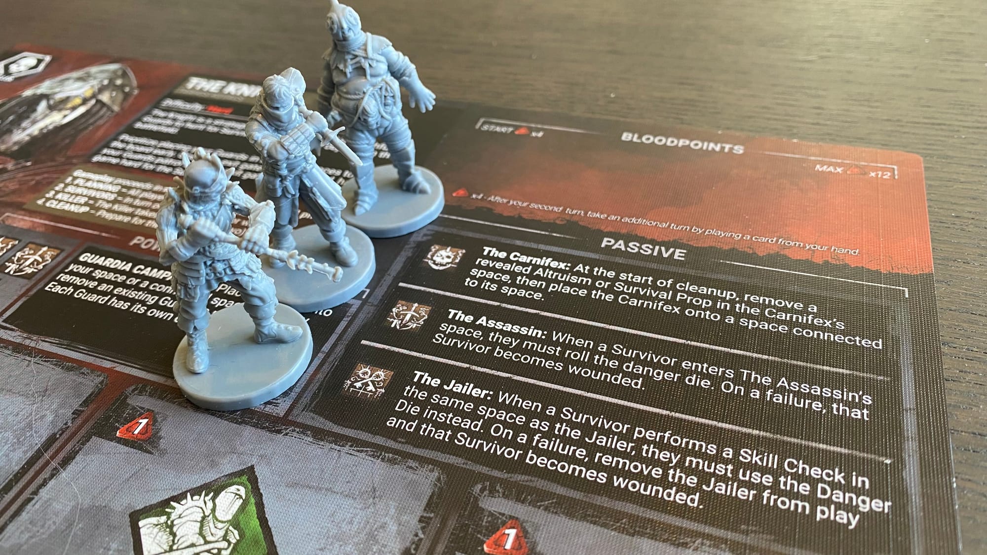The three members of the Guardia Campagnia—the Carnifex, the Assassin, and the Jailer—are lined up alongside their entries on the Knight's player board