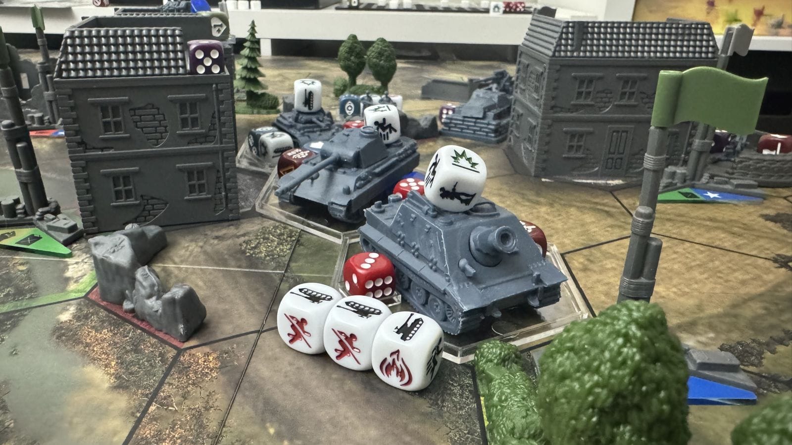 German tank miniatures with damage dice.