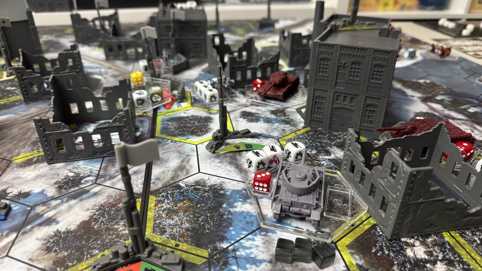 Enemy tanks and infantry face each other in a snowy battle.