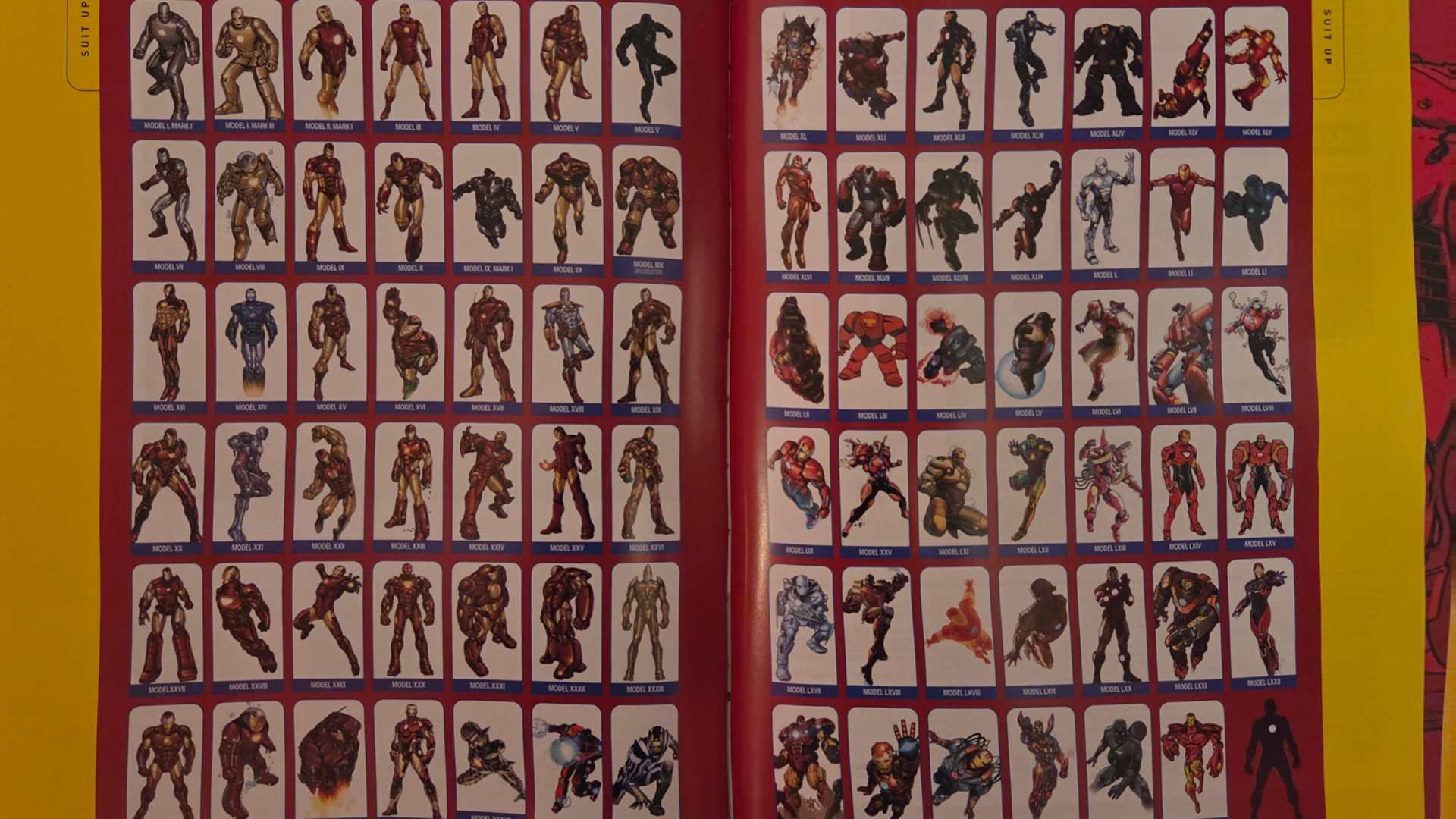 At the back of the book is a two-page spread showing Iron Man's various armors over the years.