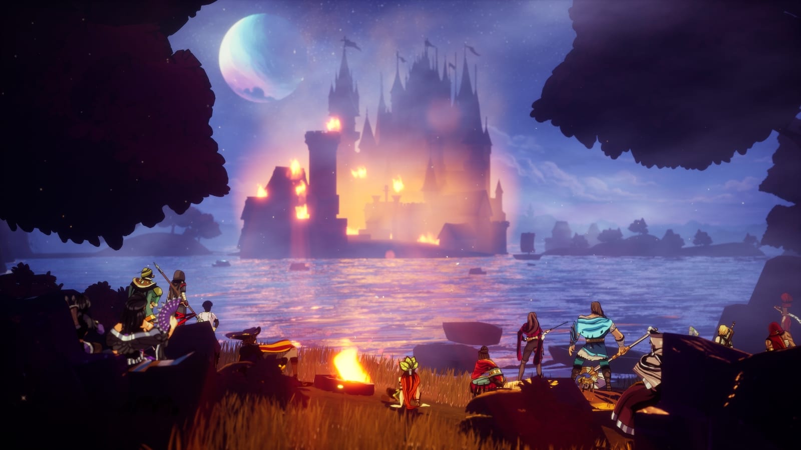A castle burns from across a lake.