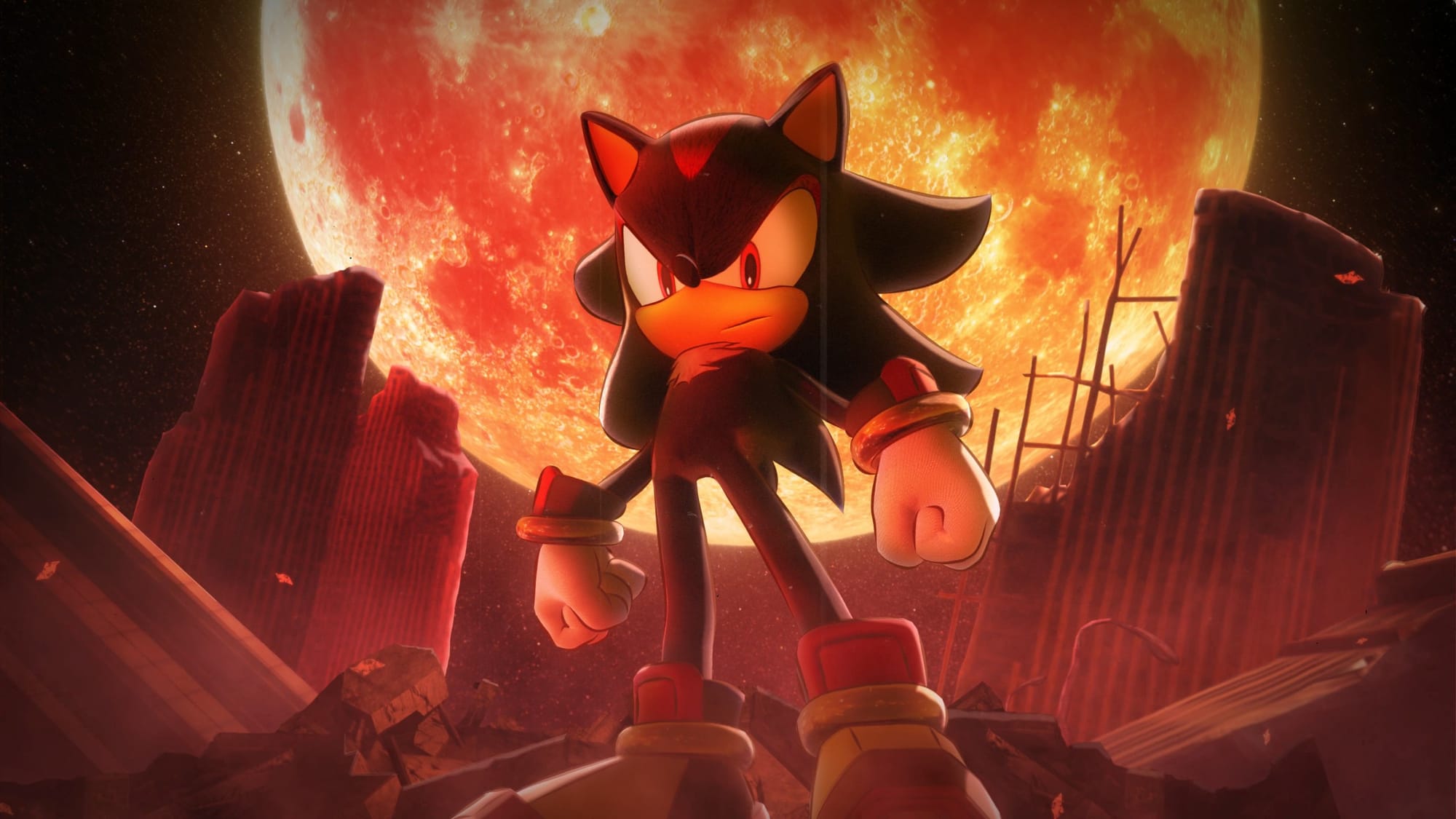 Shadow stands before a red moon in a destroyed city.