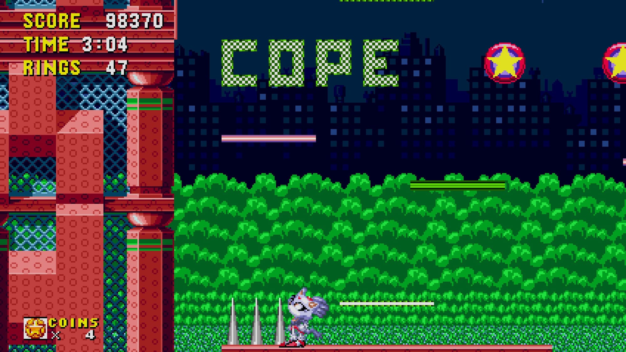 Blaze the cat in Sonic Origins, using a mod, looking up at a sign that reads "COPE".