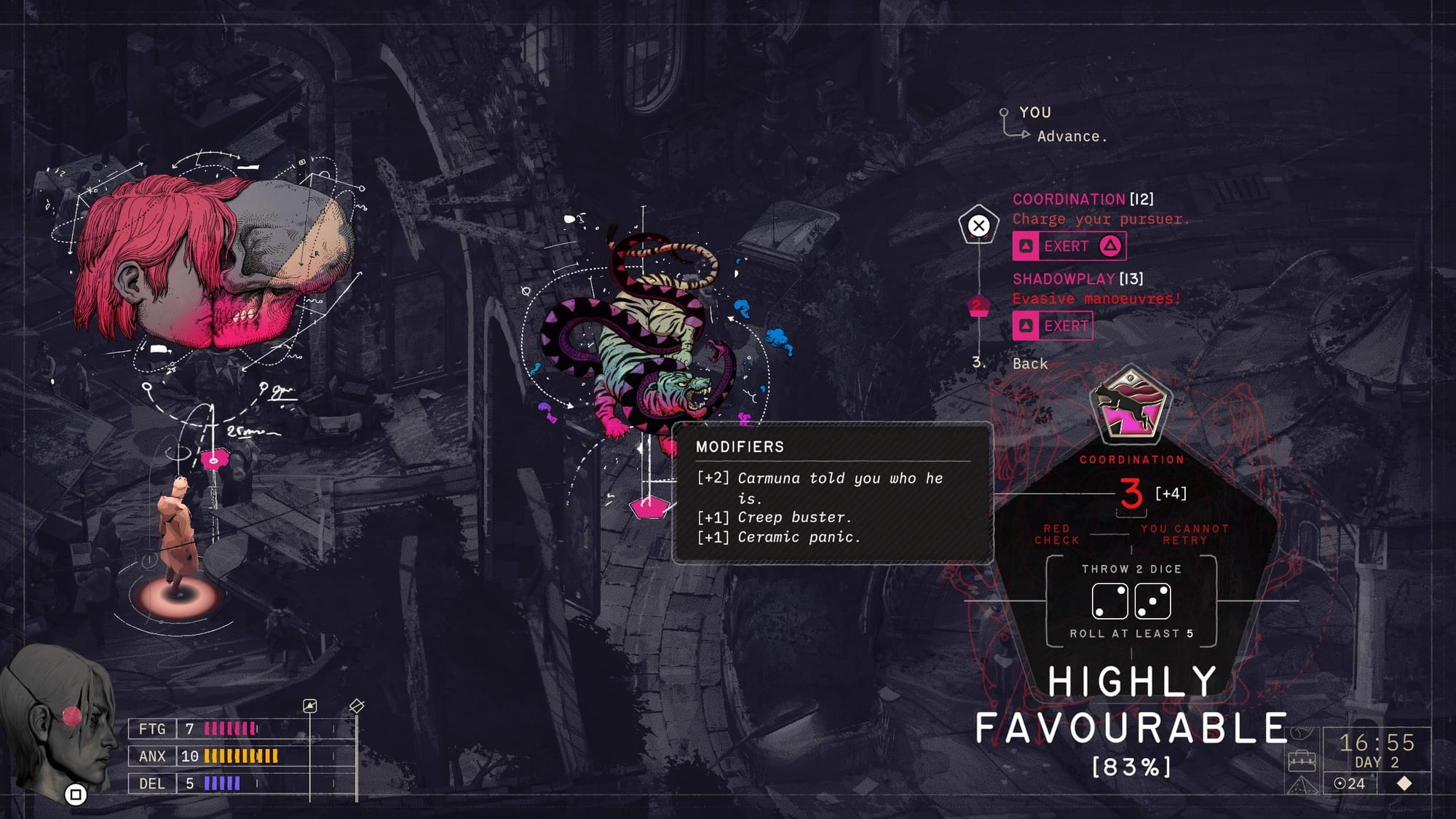 An example of two choices that require skill checks, one for Coordination and another for Shadowplay.