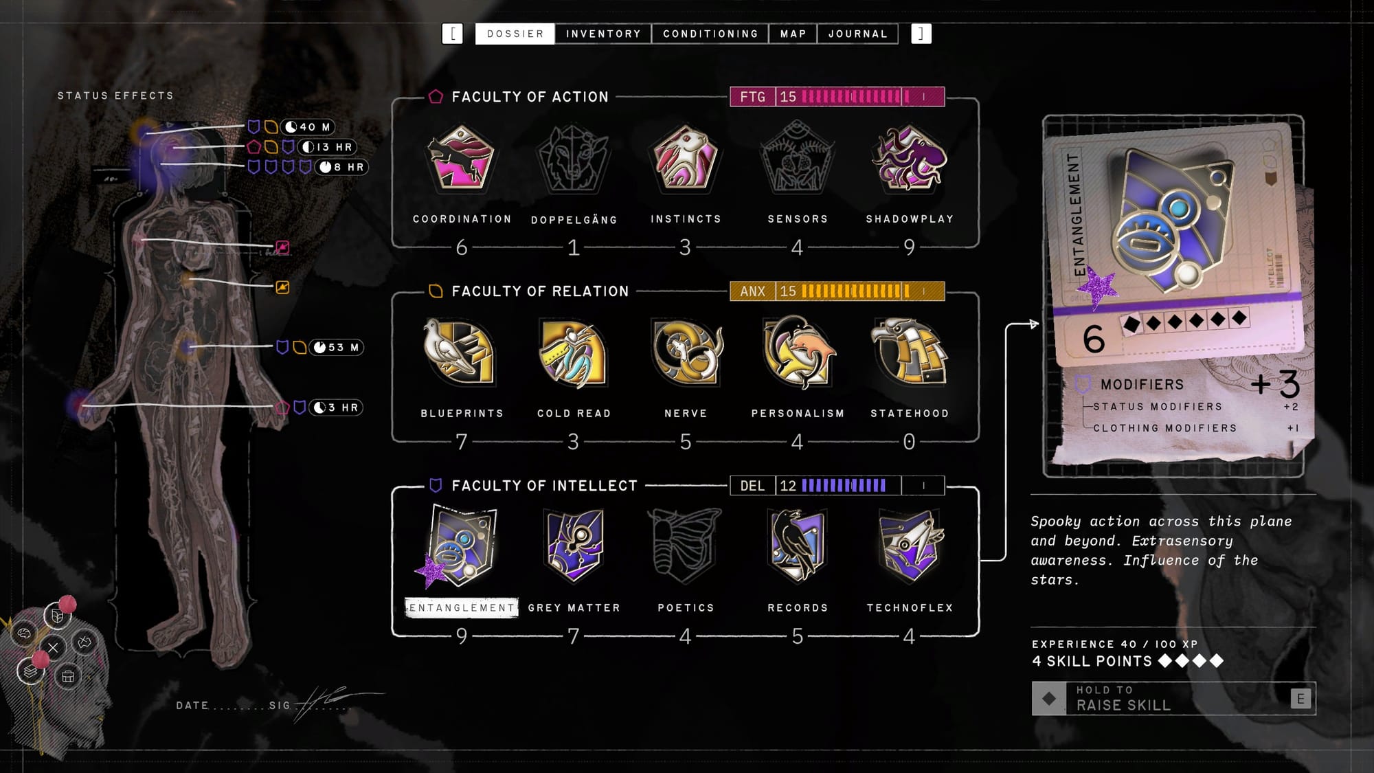 The three skill trees: Faculty of Action, Relation and Intellect
