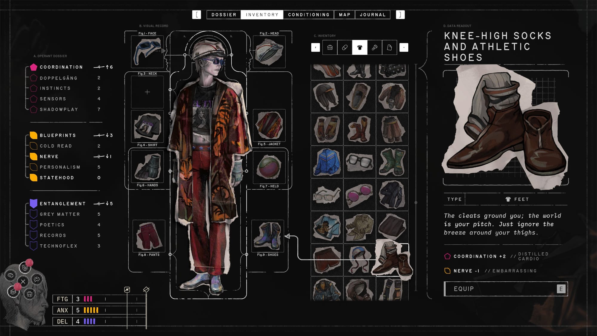 CASCADE's wardrobe on display, showcasing various items and their stats.
