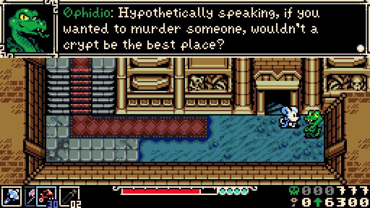 A snake-like character named Ophido suggesting that the best place to murder someone is a crypt.