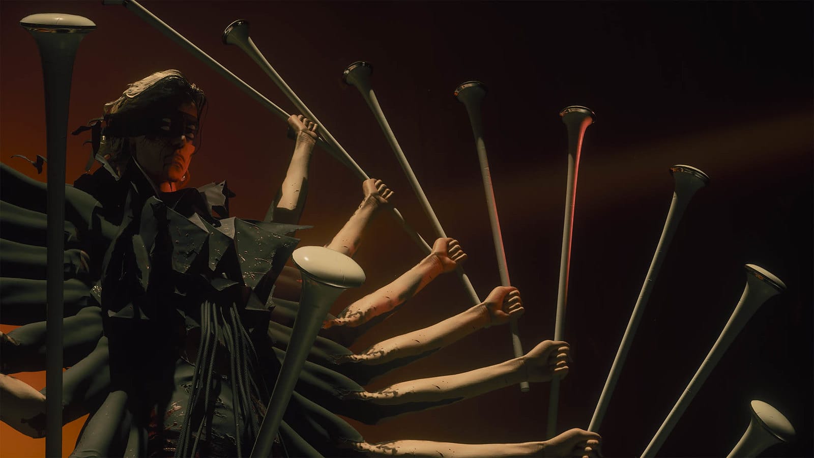 A statue with various hands, each holding giant nails. 