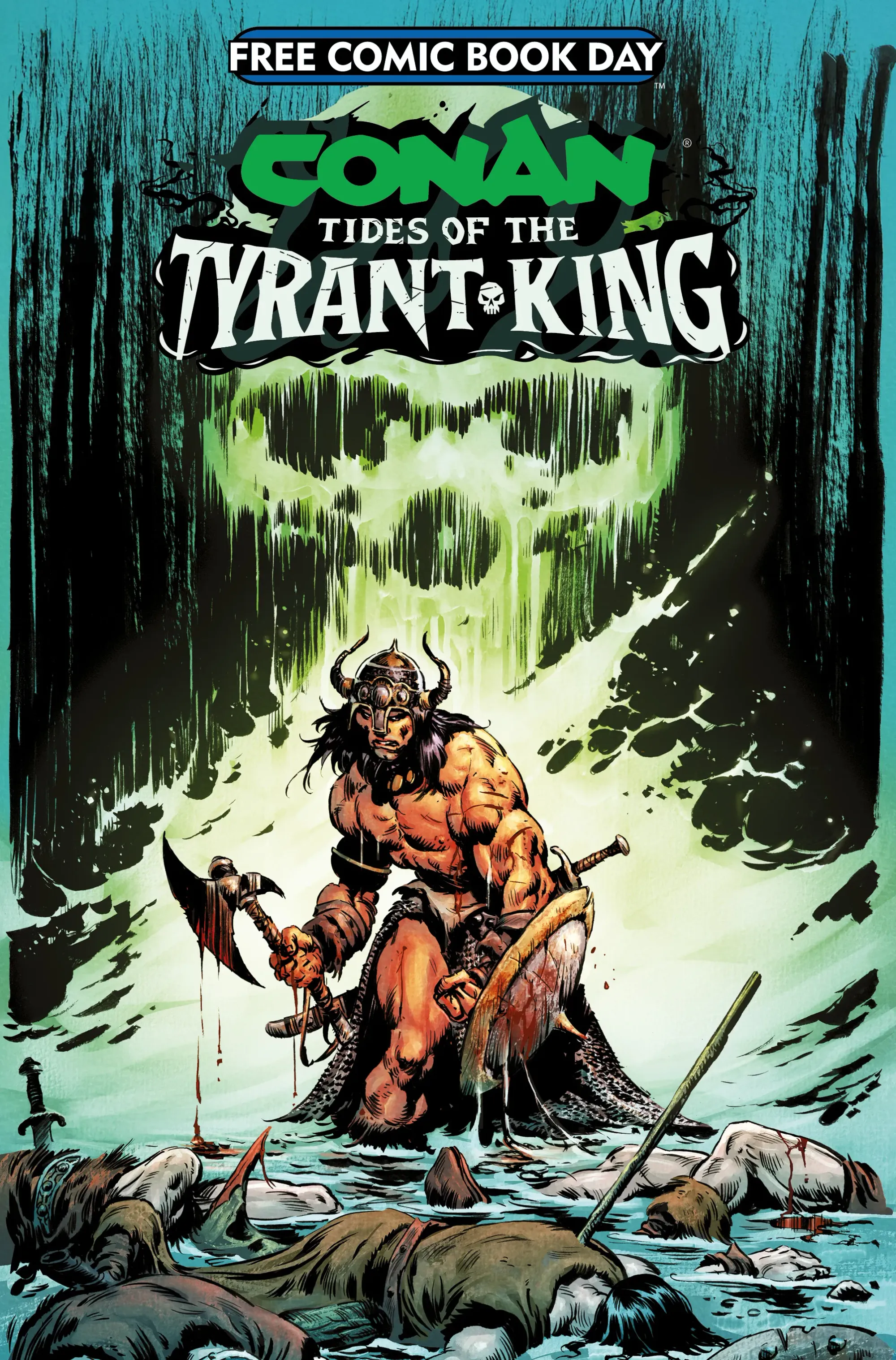 Conan stands amidst floating corpses, a sinister skeletal face glowing against the watery backdrop behind him. 