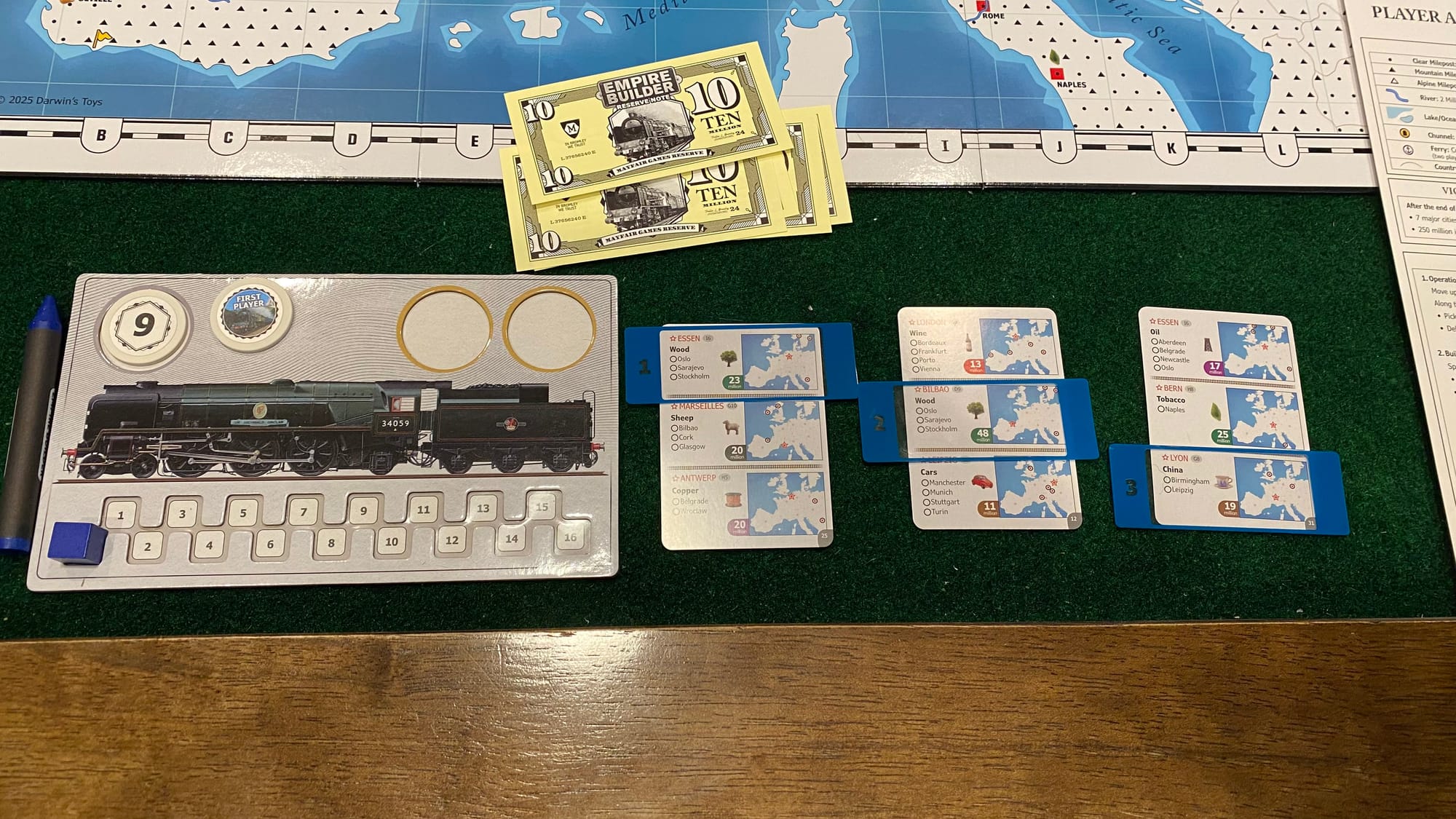 The player board, money, and demand cards setup for the beginning of the game