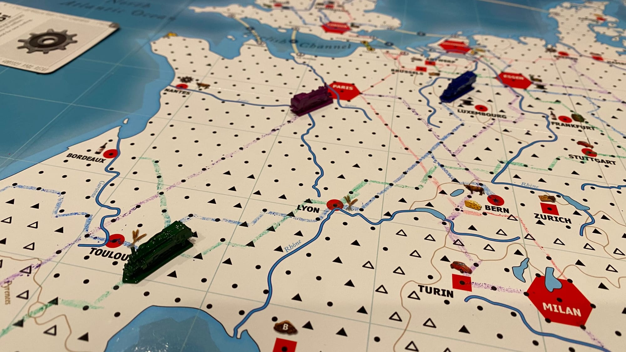 The main board with some trains and tracks along it