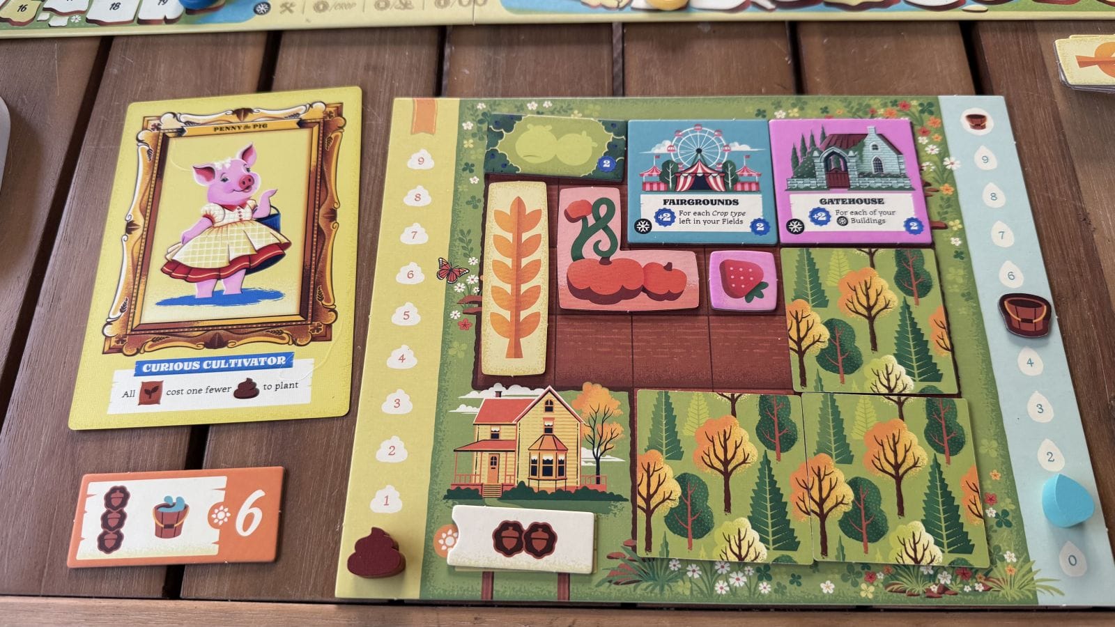 A close up of a player board showing a farm and buildings created during the game.