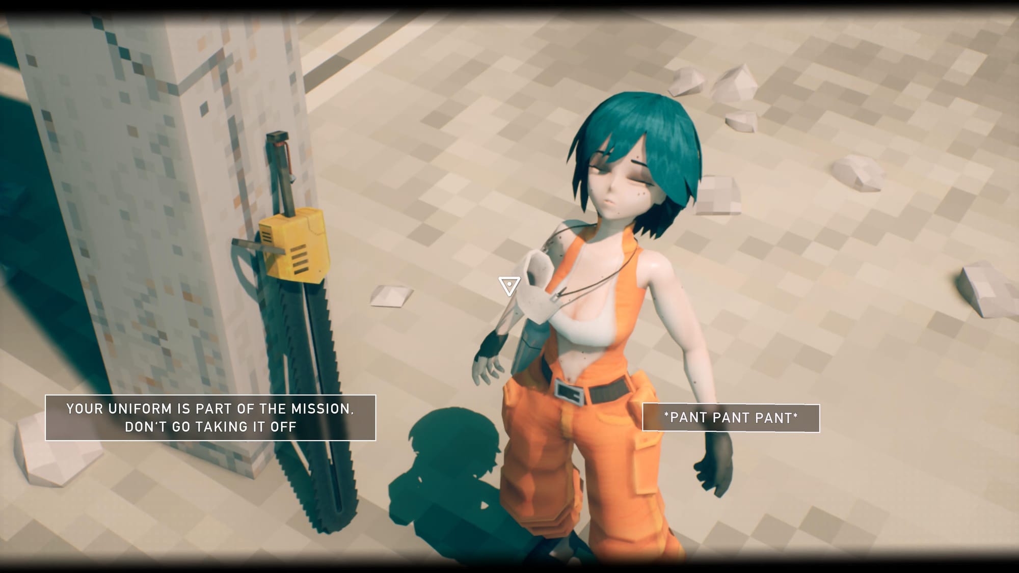 P with her jumpsuit unzipped, the dialogue options either admonish or objectify her.