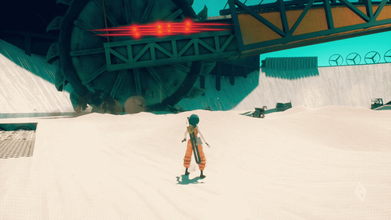 A gif of P parrying a giant sawblade.