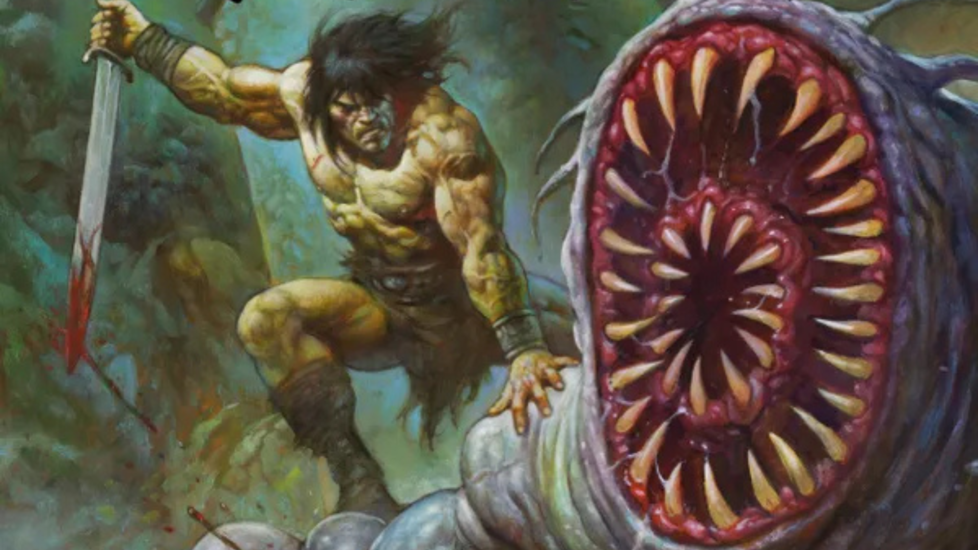 Conan finds himself face-to-face with a horrific creature, it's gaping rows of teeth prepared to devour him.