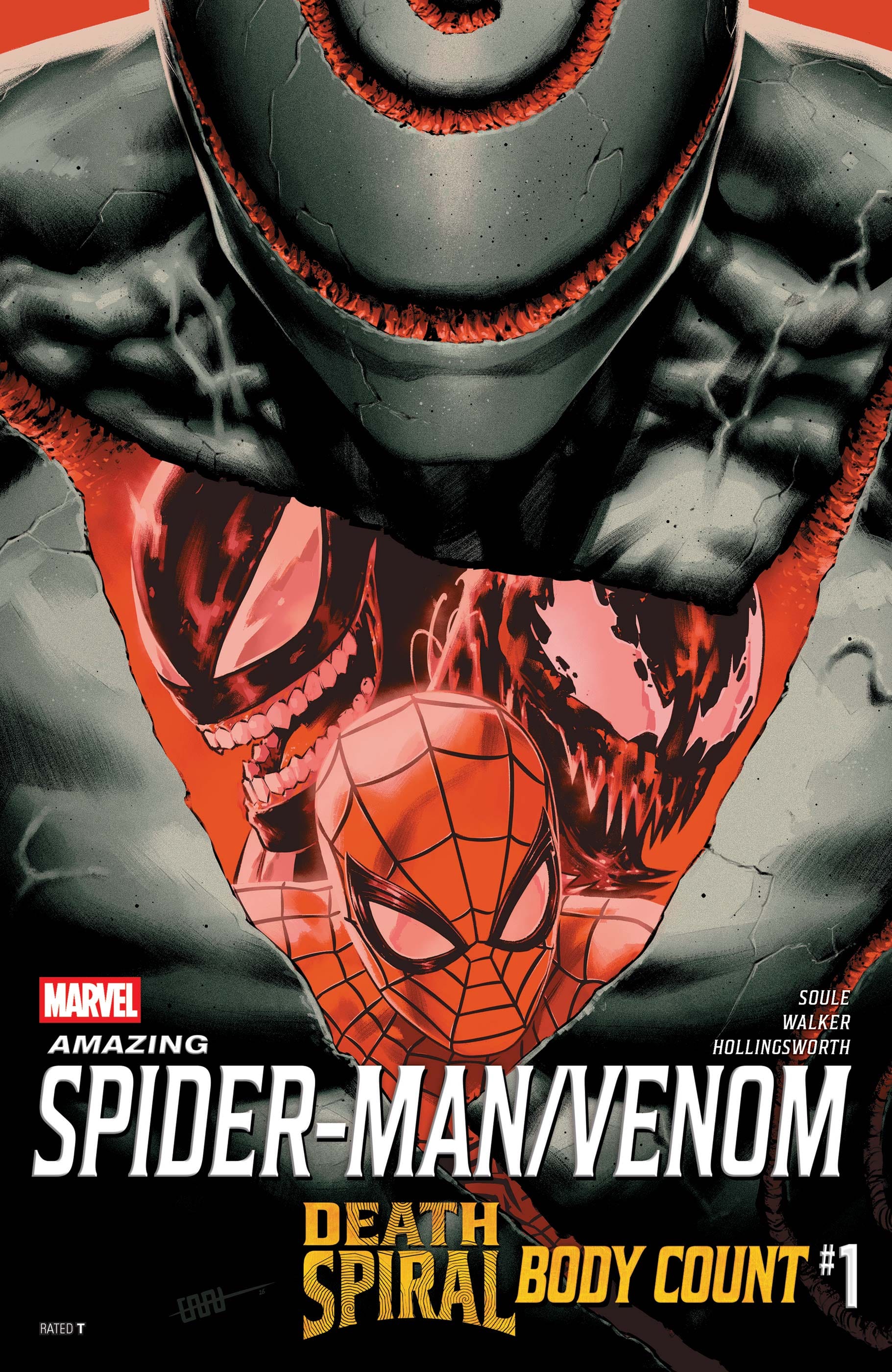 The faces of Spider-Man, Venom, and Carnage appear within the red spirals covering Torment's body on the cover of Amazing Spider-Man/Venom: Death Spiral – Body Count #1