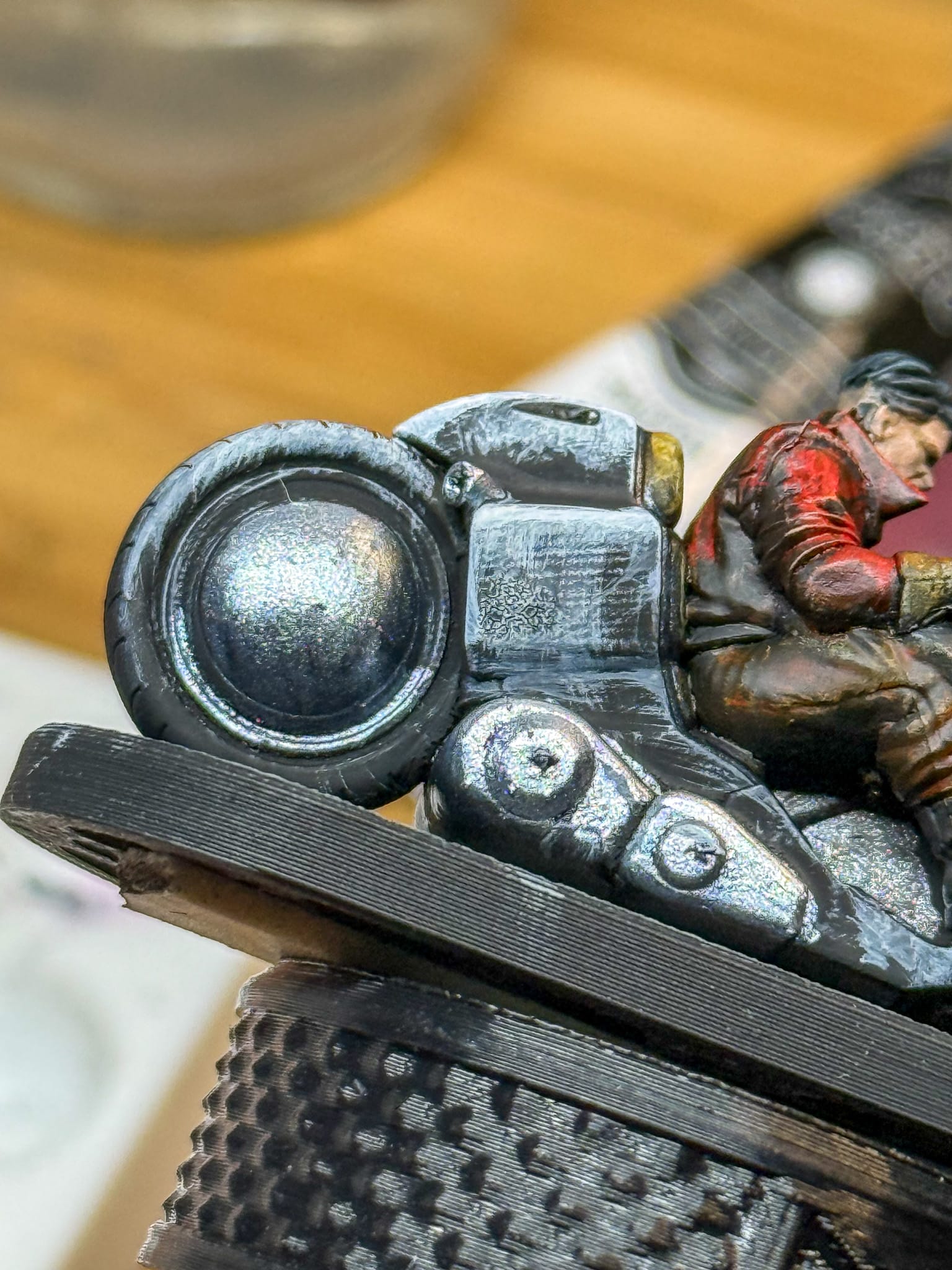A photo of the Kundalini Shiva motorcycle from Cyberpunk Red Combat Zone focused on the tire