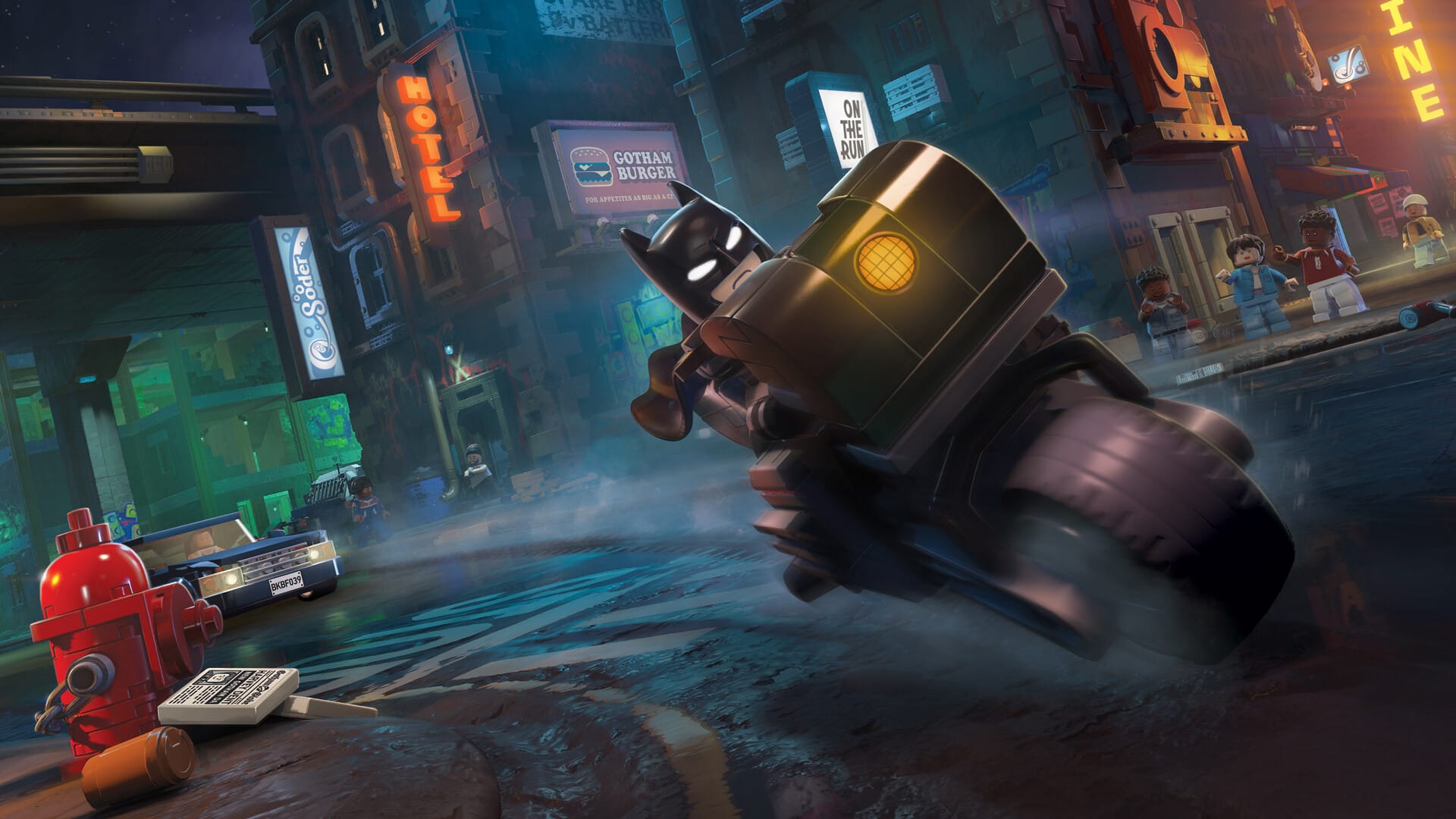 Batman riding the Batcycle through the Gotham City streets. 
