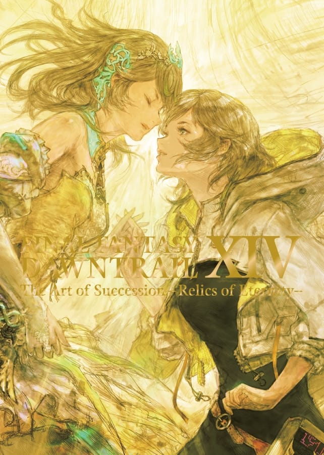 The cover of FINAL FANTASY XIV: DAWNTRAIL – THE ART OF SUCCESSION -RELICS OF ETERNITY, featuring two Sphenes.