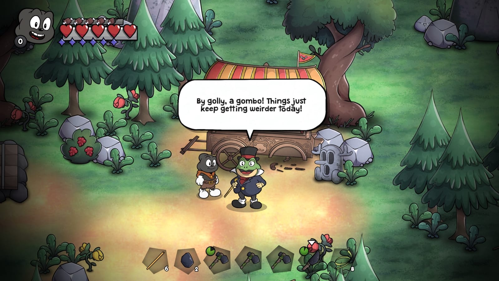 Gombo speaking with a frog character