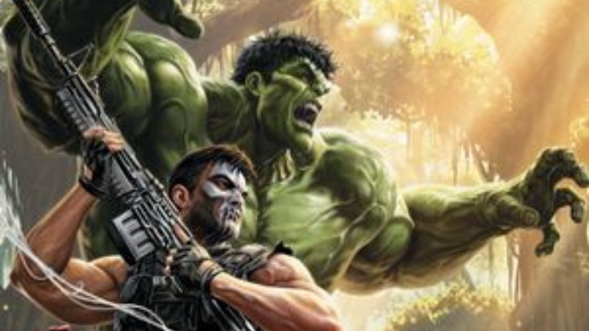 Punisher and Hulk stand at the ready within a sun-lit jungle, their eyes locked on an unseen enemy