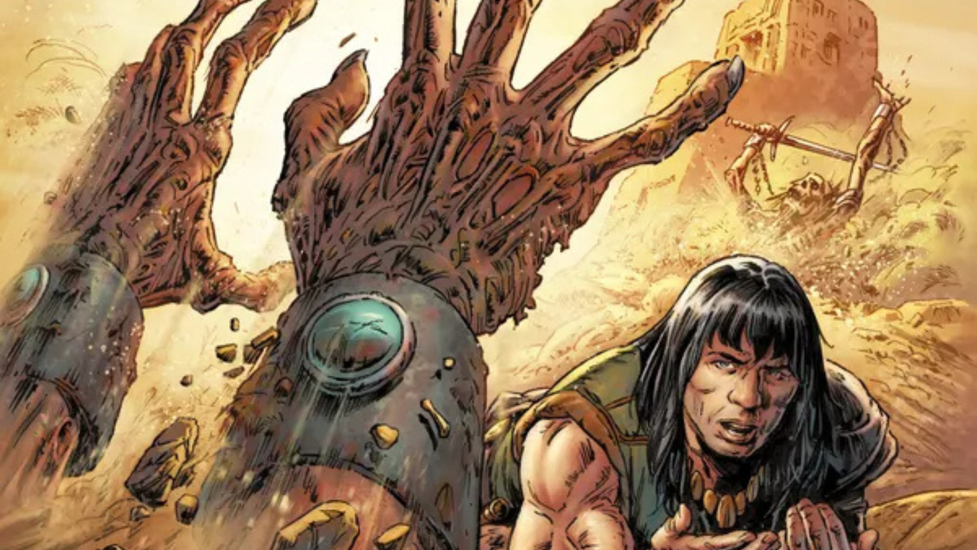 Conan stares in horror as undead hands break through the ground to attack him.
