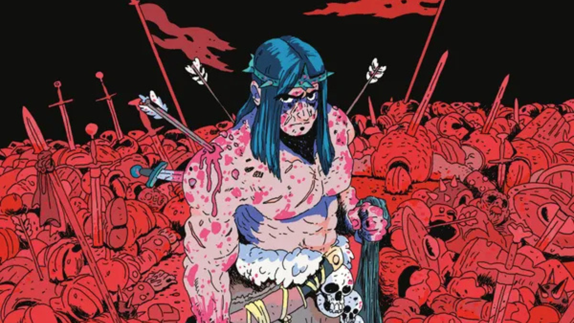 A cartoonish Conan stands amongst the bodies of fallen foes on this variant cover of Conan the Barbarian #32 from Titan Comics