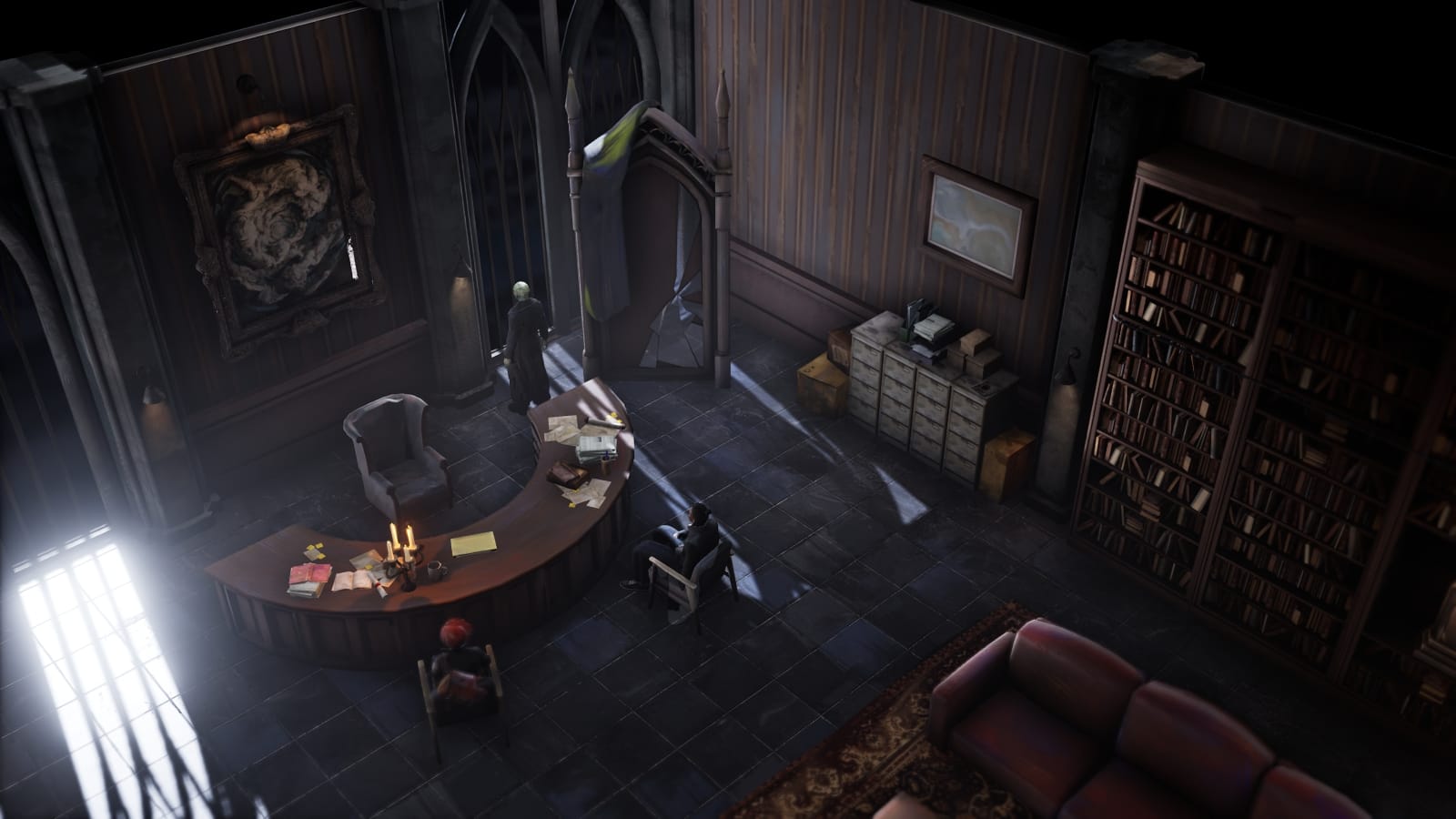 A cluttered office with a shattered mirror