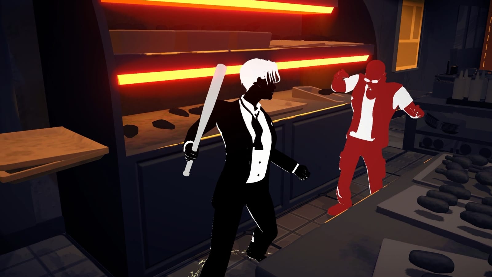 The hero threatening an enemy with a bat.