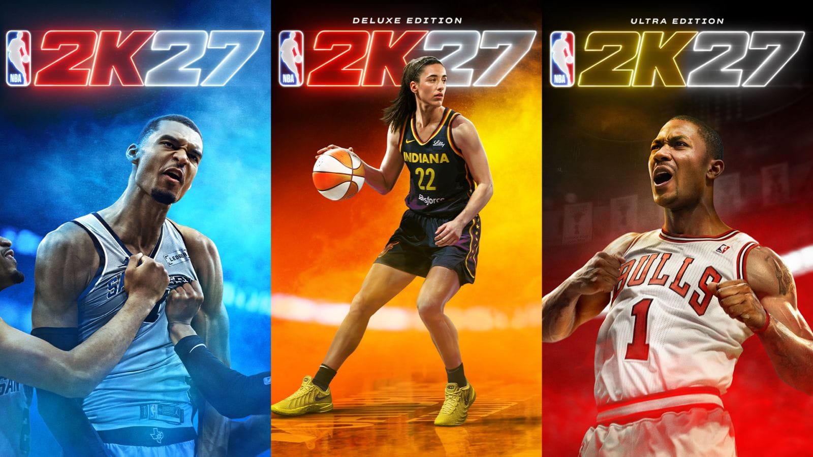Wemby, Caitlin Clark, and Derrick Rose featured on the covers of NBA 2K27