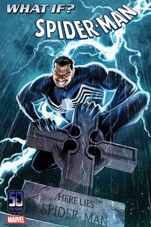 A grinning Kraven the Hunter perches on a grave reading "here lies Spider-Man" as rain pours around him