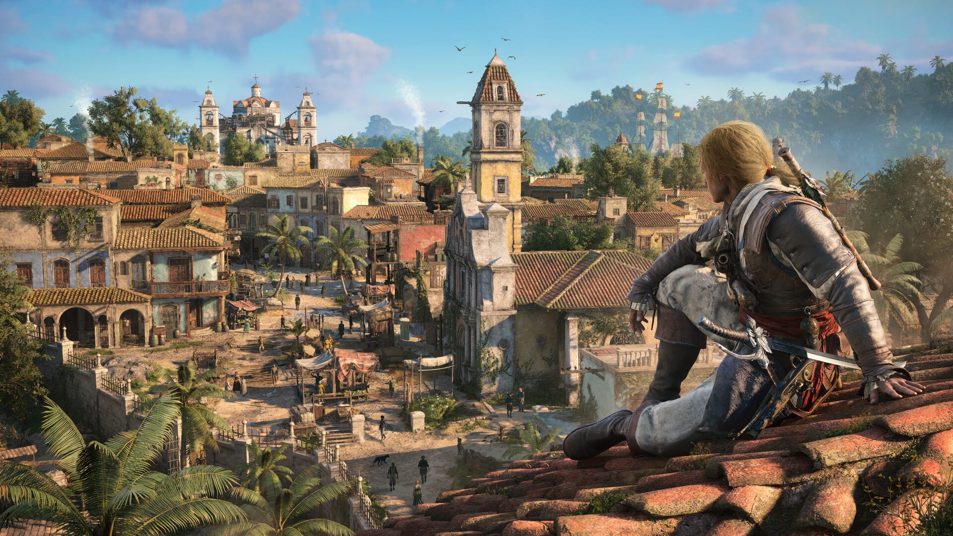 Kenway sitting on a rooftop