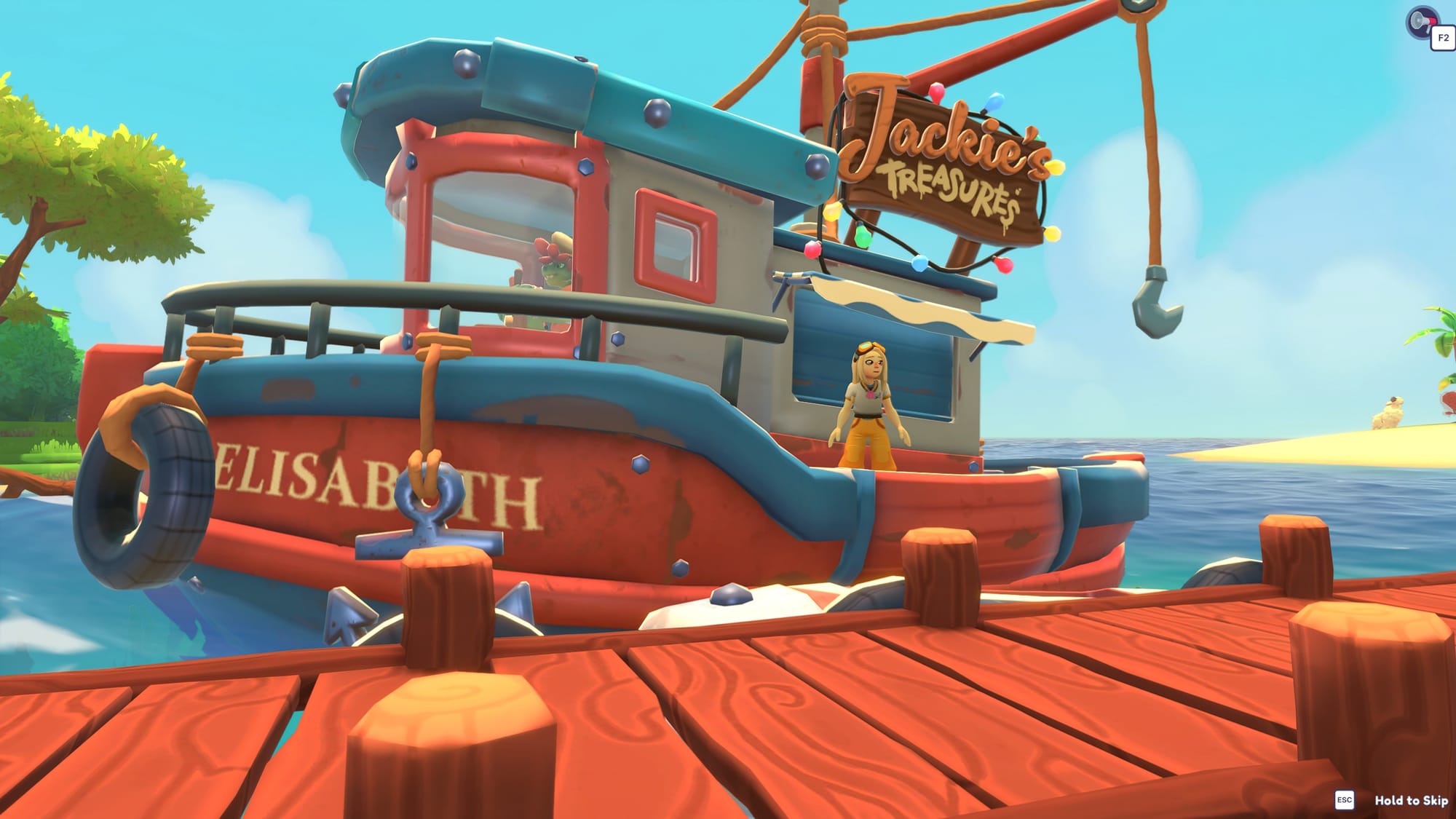 The player character stands aboard a boat as it enters a dock.