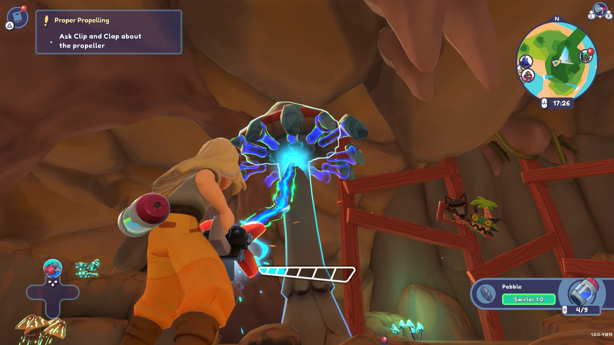 The player character uses the Swirler gadget to harvest pebbles from the environment.