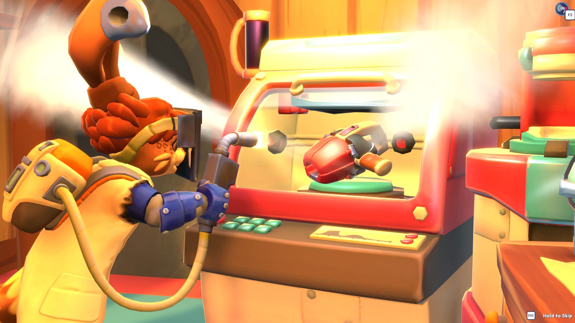 The NPC Fidge applies an upgrade to the Swirler 2000 using her workstation.