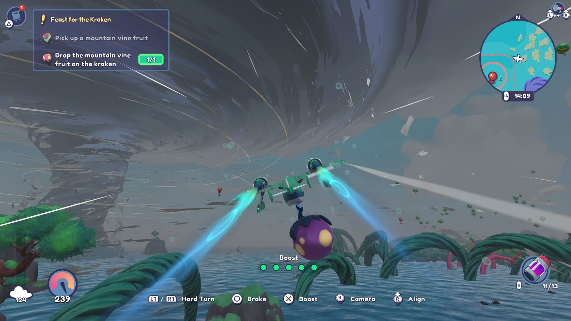 The player character flying the seaplane as it carries a large fruit through a stom.