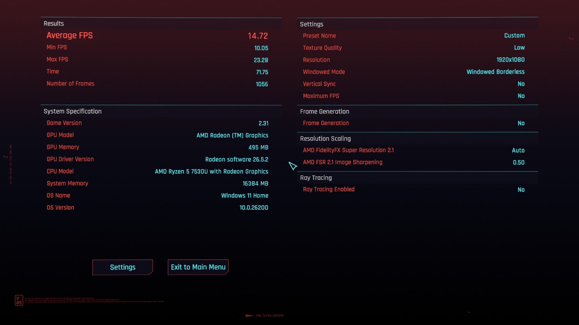 The benchmark results for Cyberpunk 2077 with a result of 14.72 frames per second on average