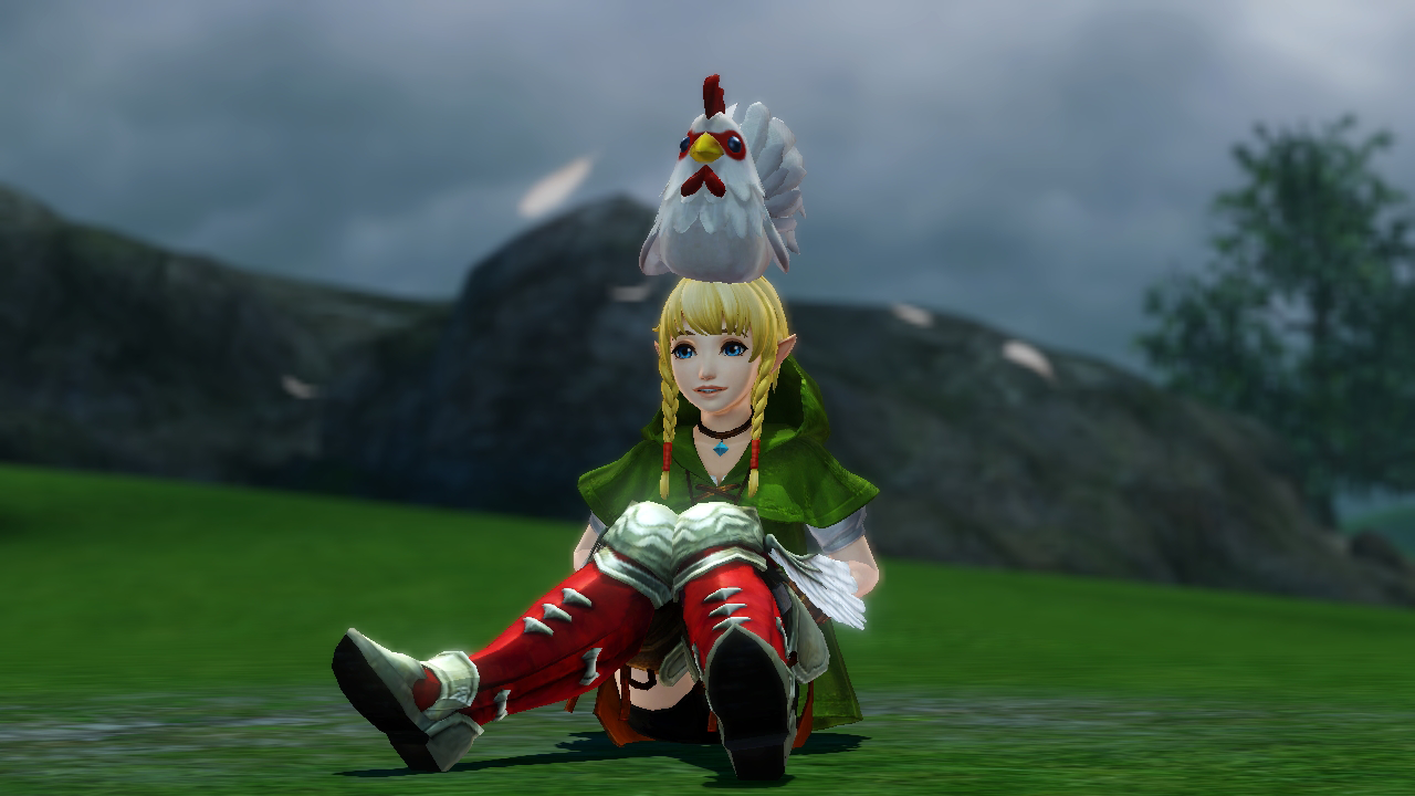 Linkle in Hyrule Warriors with a Cucco on her head